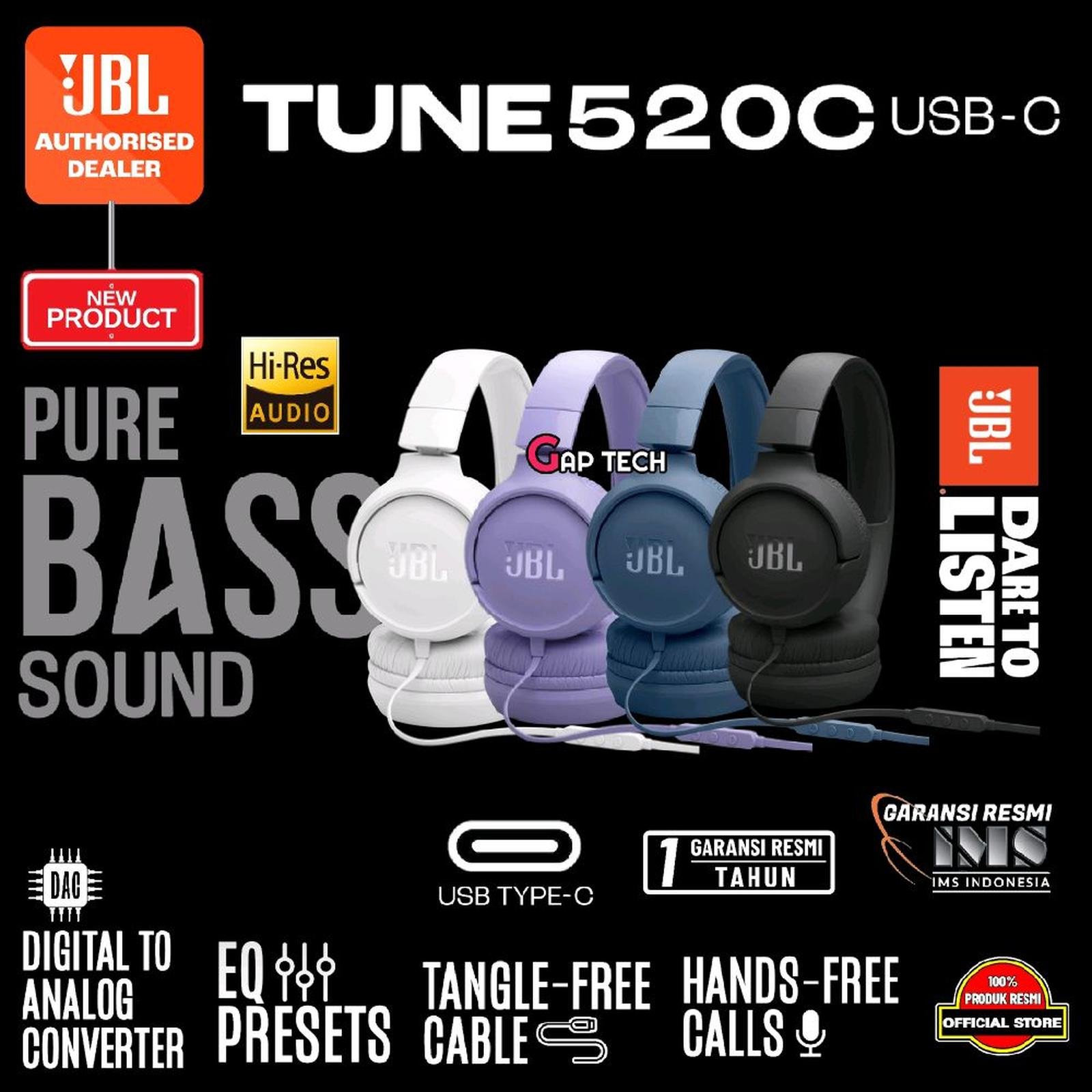 JBL Tune 520C / Tune 520 C / Tune520C / T520C / T520 C / T 520C / T 520 C USB-C - Hi-Res Wired On-Ear Headphones Original