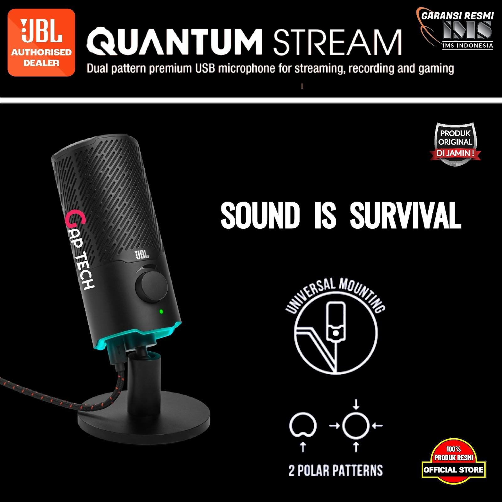 JBL Quantum Stream Dual Pattern Premium USB Mikrofon untuk Streaming, Perekaman & Gaming 100% Produk Resmi Garansi 1 Tahun PT IMS Indonesia