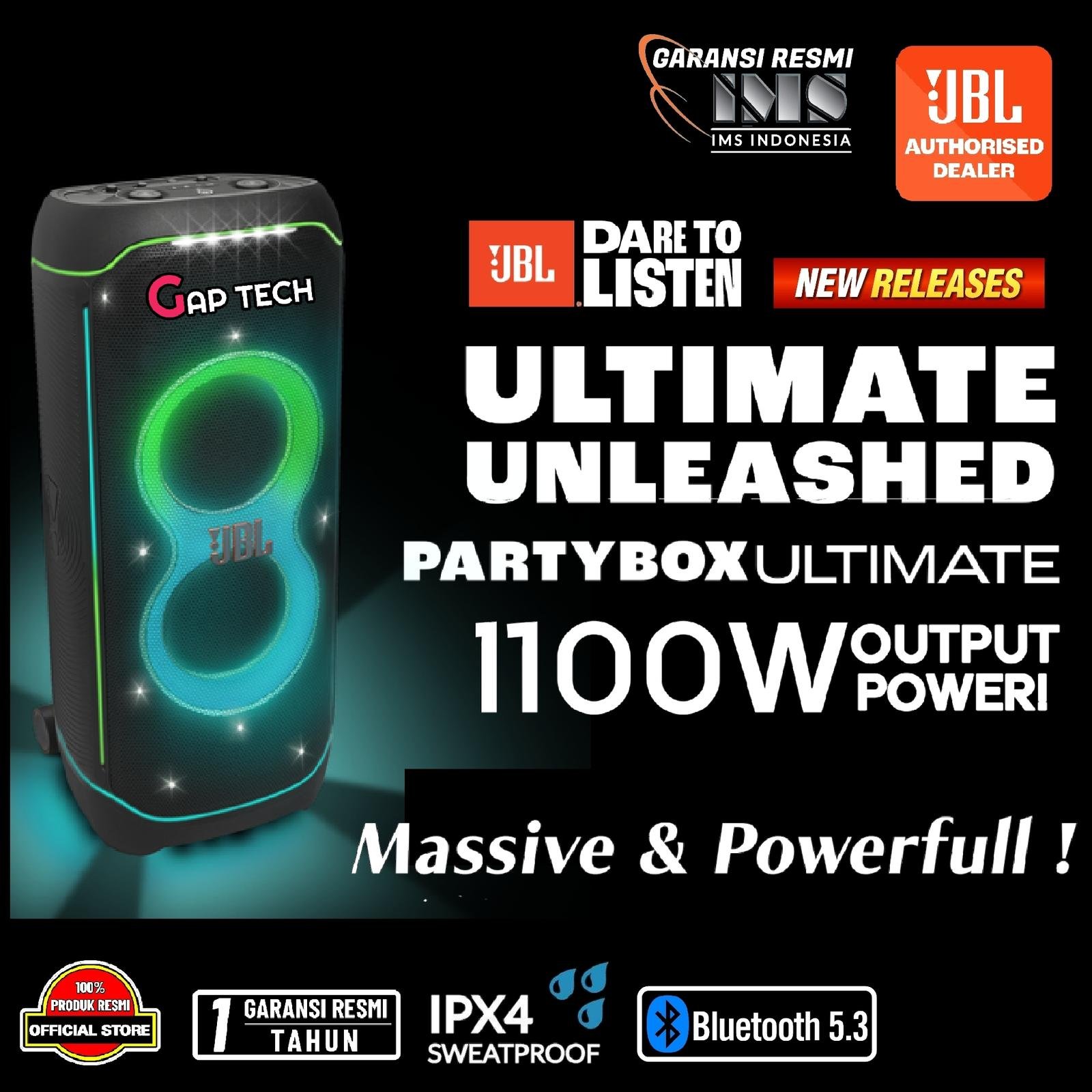 JBL PARTYBOX ULTIMATE Massive Party Speaker with Powerful Sound, Multi-Dimensional Lightshow, and Splashproof Design with 1100w Power Output Speaker Original