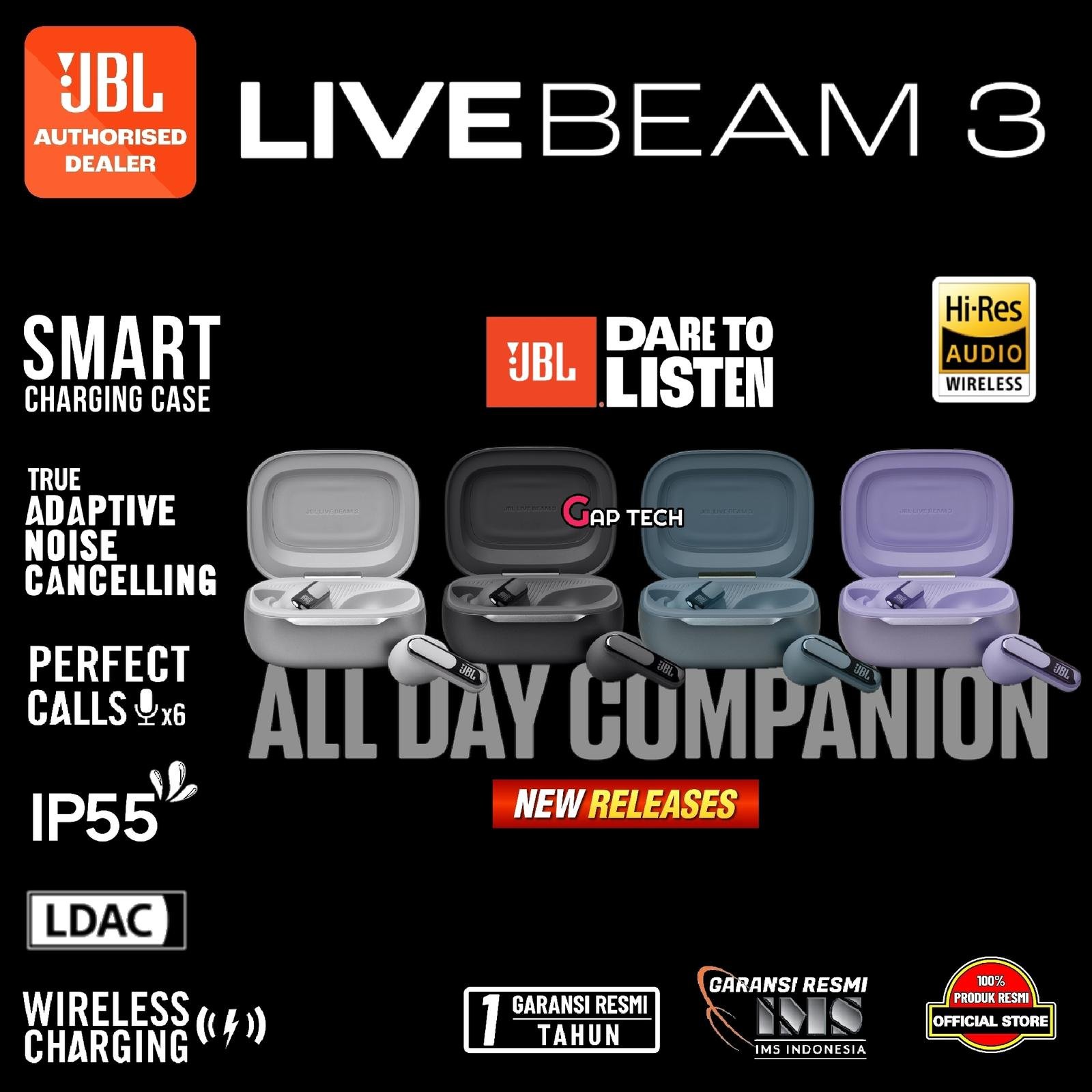 JBL Live Beam 3 / Live Beam3 True Wireless Noise-Cancelling Closed-Stick Earbuds / TWS Original