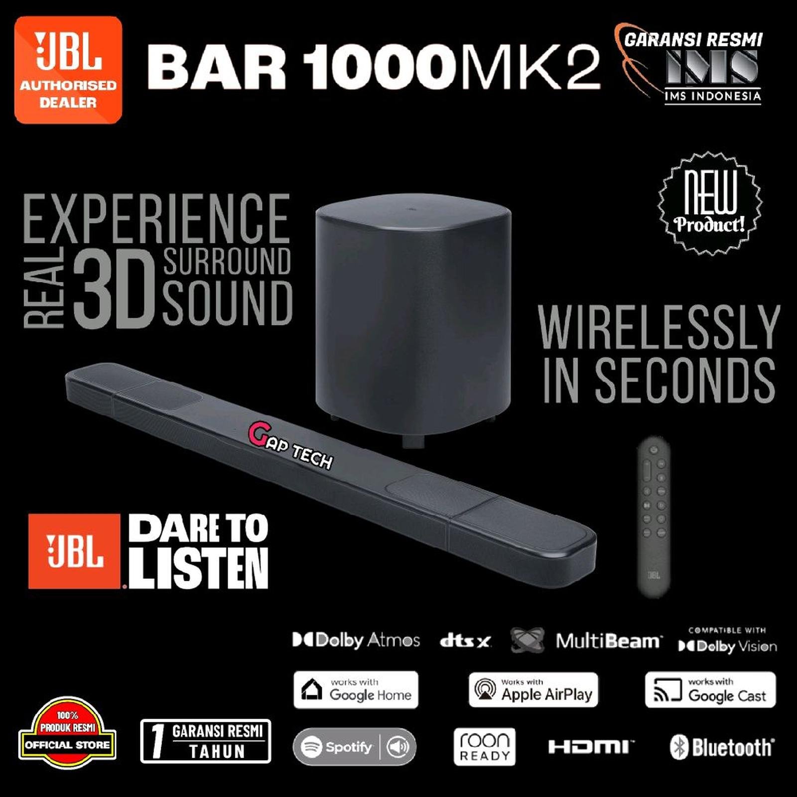 JBL BAR 1000 MK2 / BAR1000MK2 / BAR1000 MK2 / BAR1000 MK2 - 7.1.4 Channel Soundbar System with Detachable Surround Speakers, Dolby Atmos and DTS:X / SoundBar / Sound Bar Original