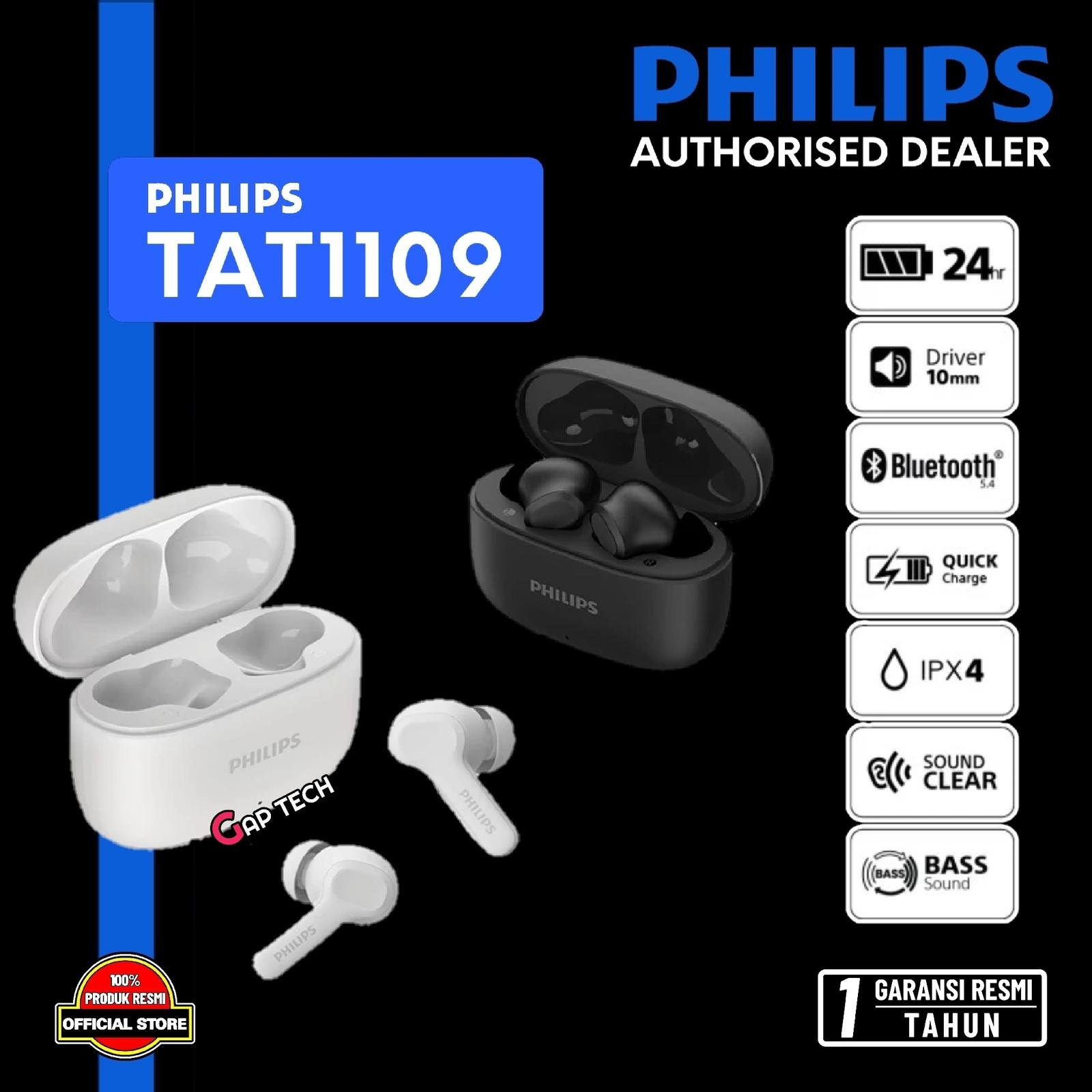 Philips TAT1109 / TAT-1109 / TAT 1109 Sport True Wireless Earbuds with Philips Sound Signature and Clear Calls / TWS Original