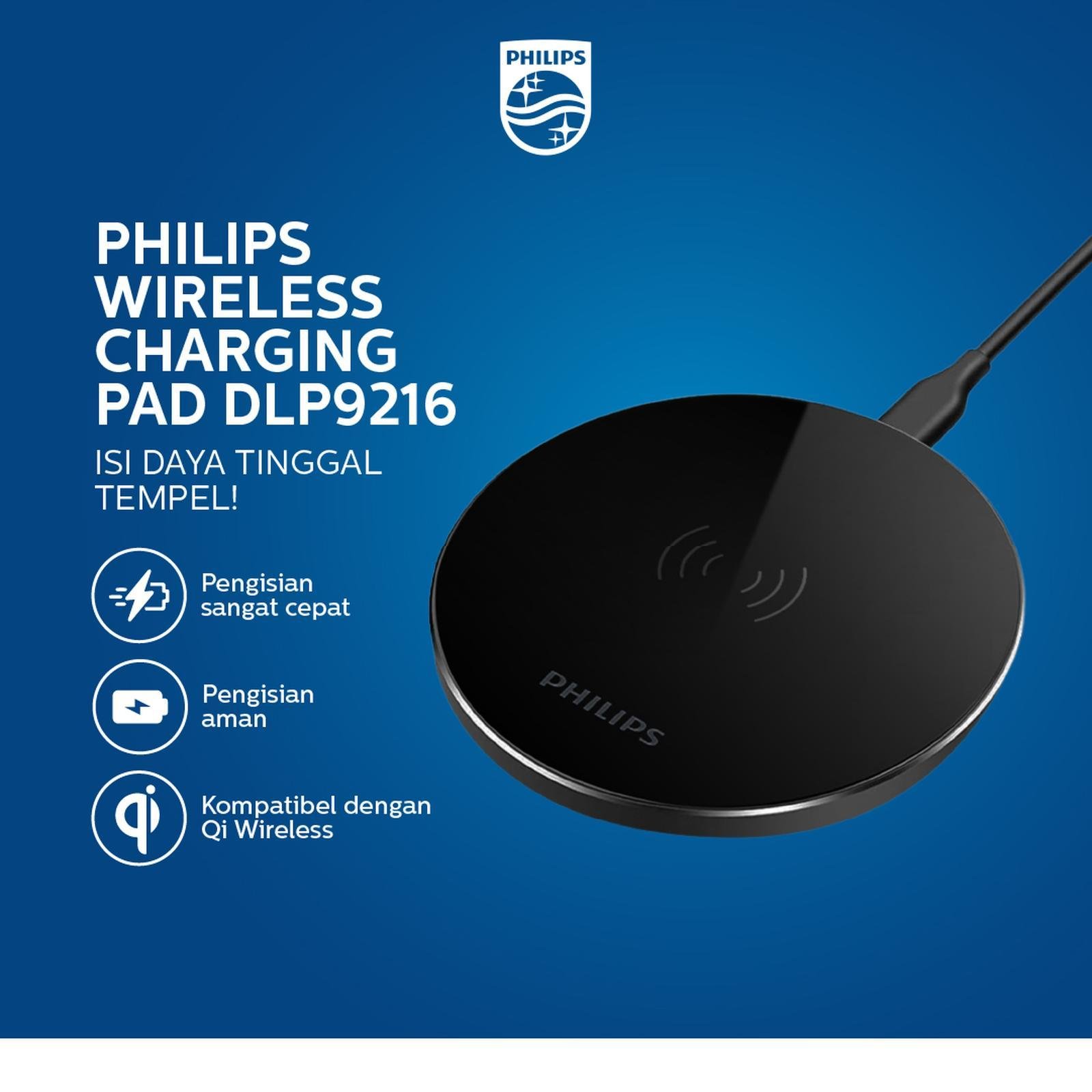 Philips Wireless Charging Pad DLP9216 Black Compatible With Qi Wireless Plus Usb C-C Cable 15 Watt Original