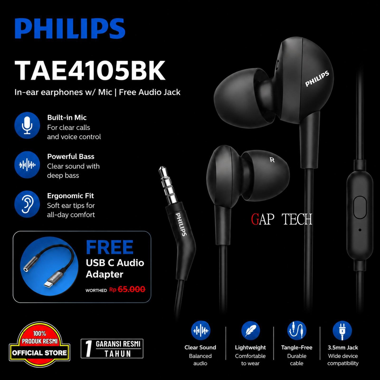 Philips TAE4105 in-ear headphones Bass with mic / TAE 4105 Original
