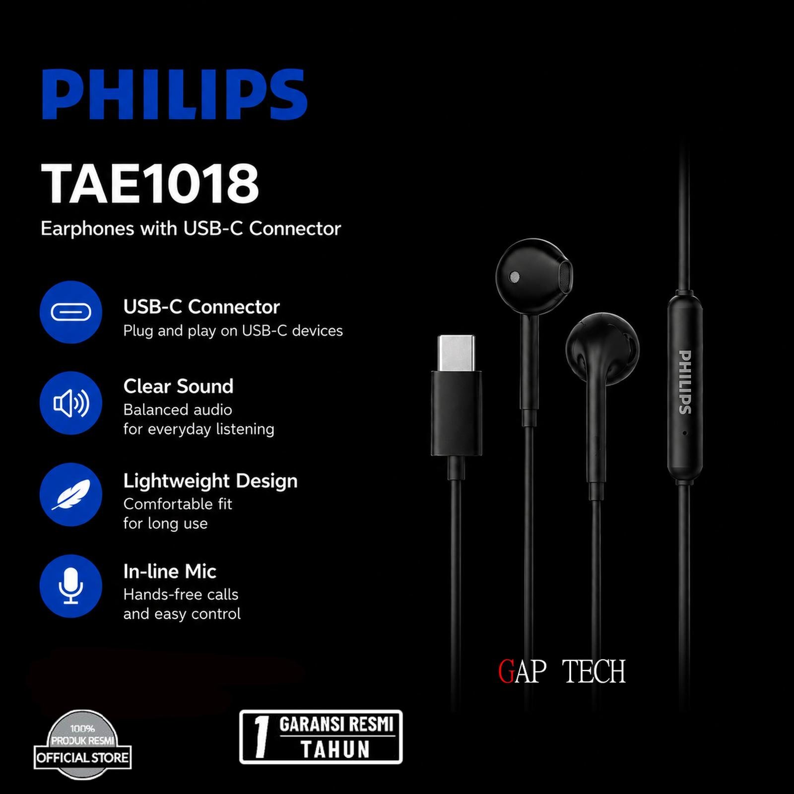 Philips Earphone TAE1018 USB-C High Resolution Audio Kompatibel With Pc, Android, Hingga Iphone/Ipad Original