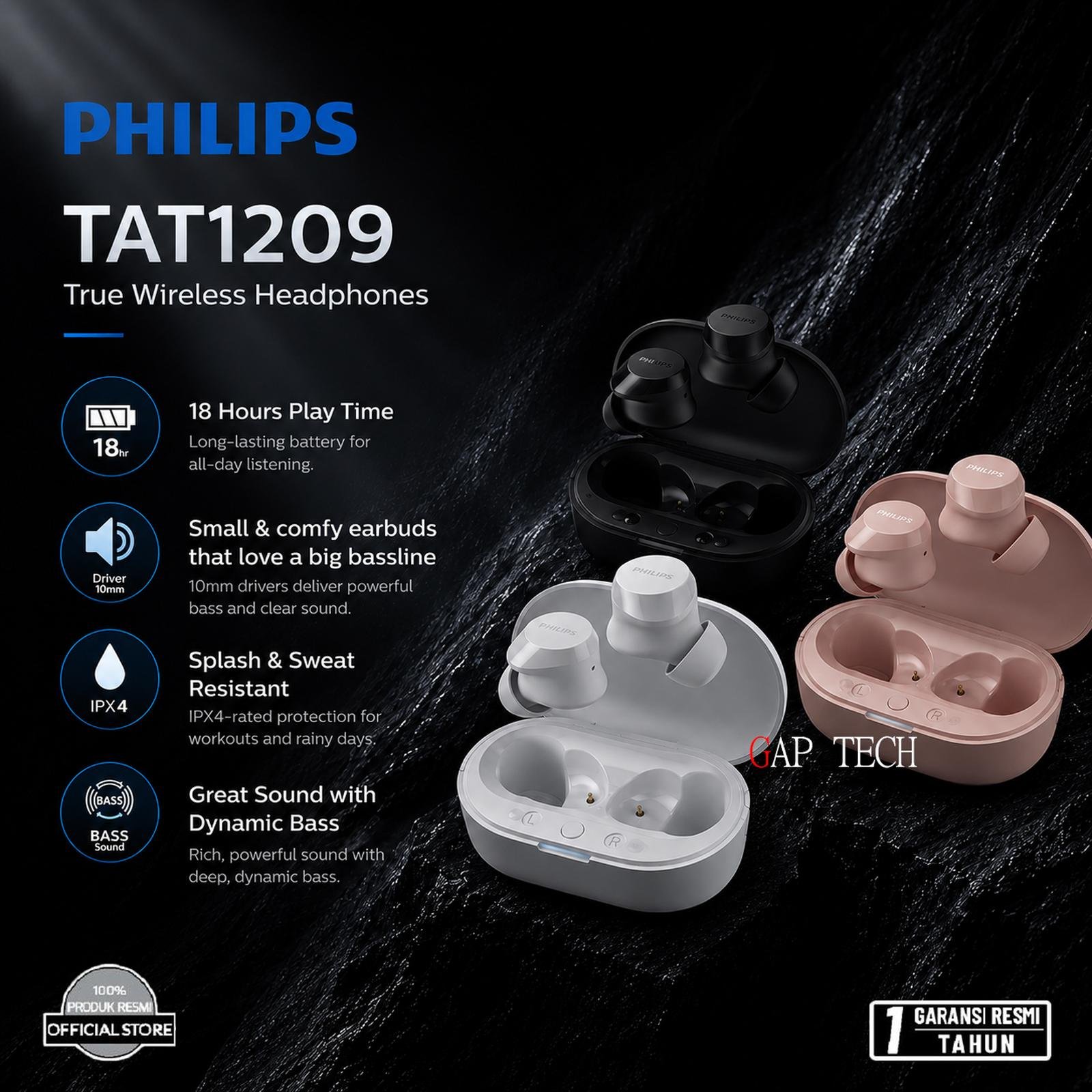 Philips TWS TAT1209 Bluetooth Small Earbuds Sound Clear Baterai Tahan Hingga 18 Jam With Ipx4 Tahan Cipratan Original
