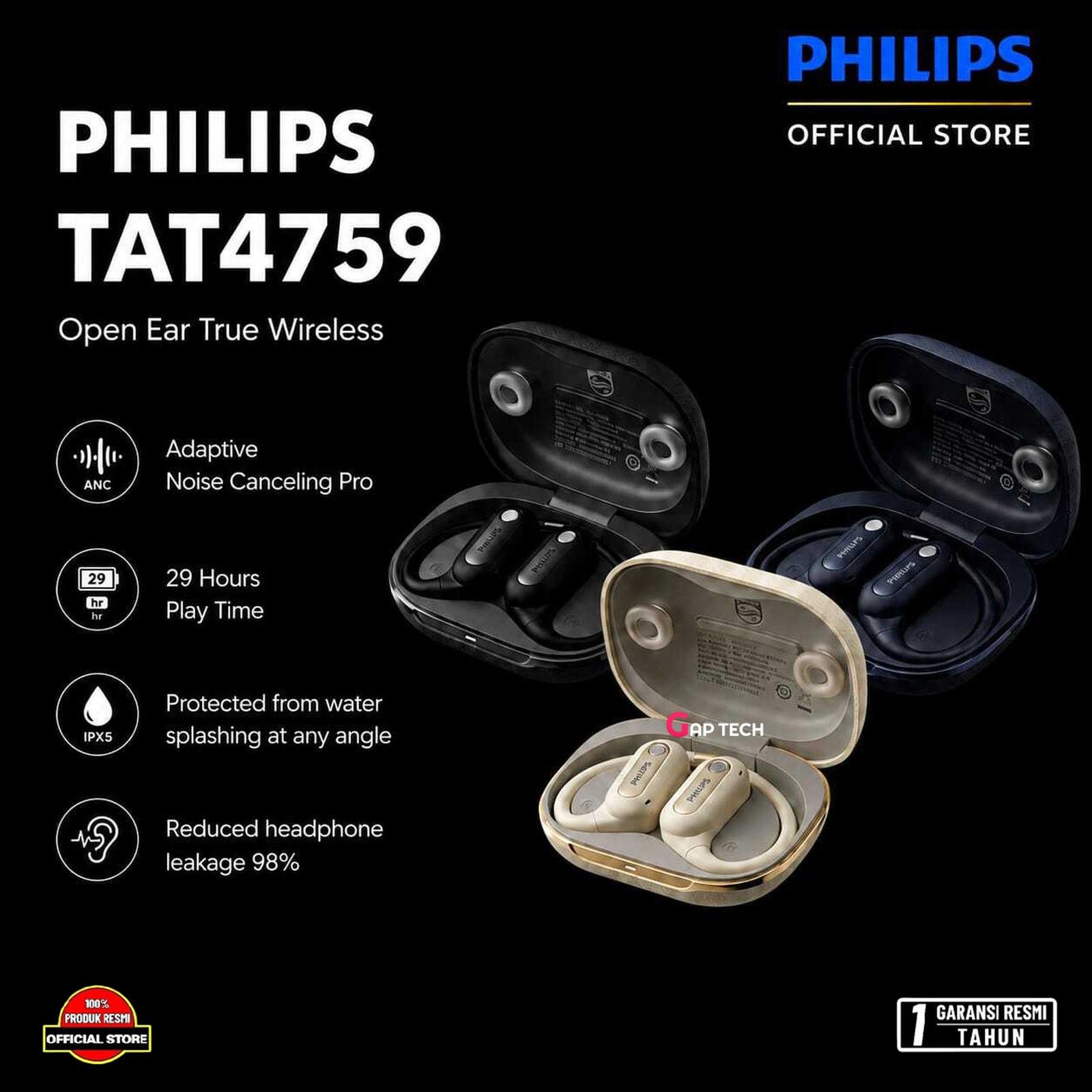 Philips TAT4759 Open-Ear Bluetooth Earphone ANC Active Noise Reduction High Definition Call IPX5 Waterproof Low Delay Long Battery Life Original