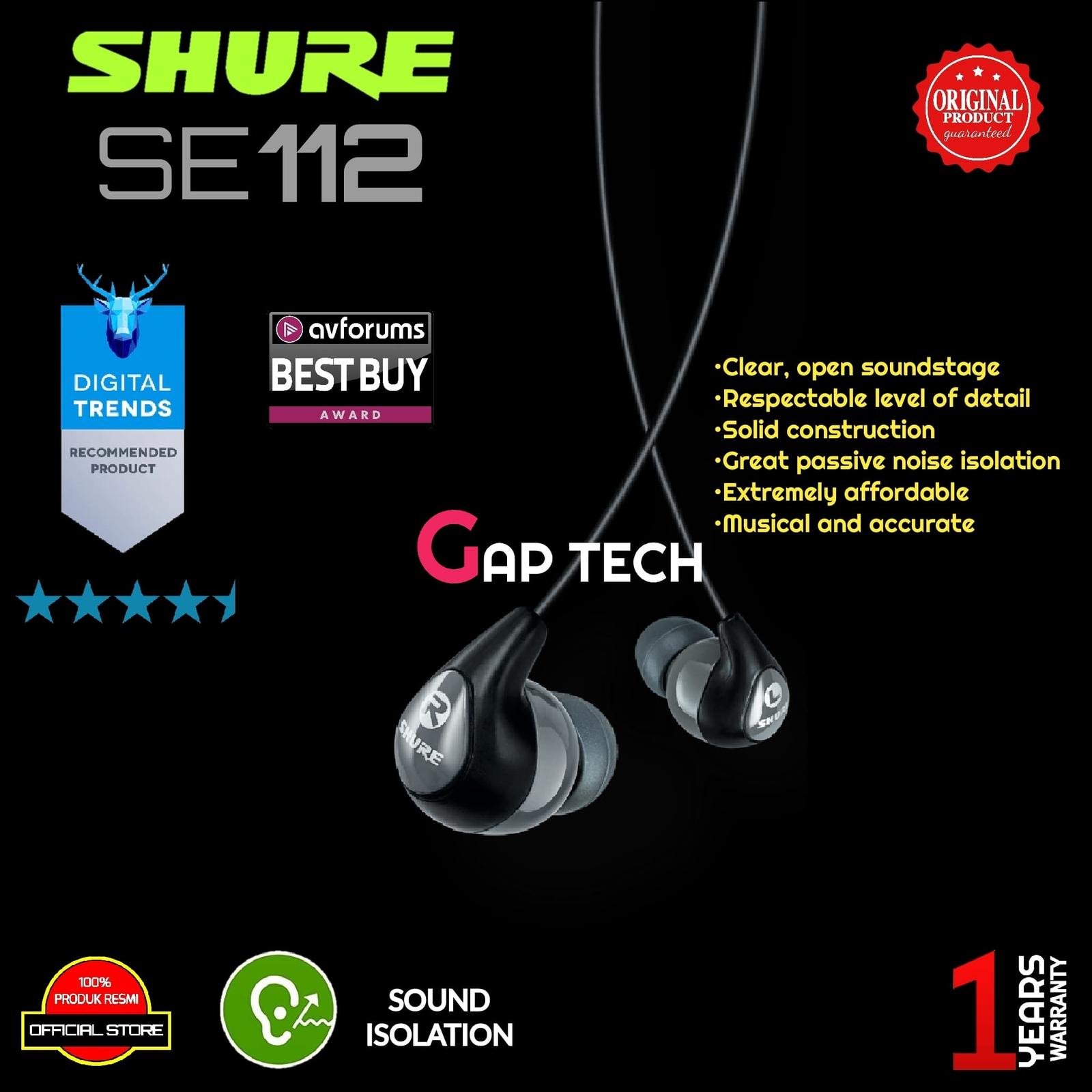 SHURE SE112 / SE 112 Sound Isolating Earphones Original