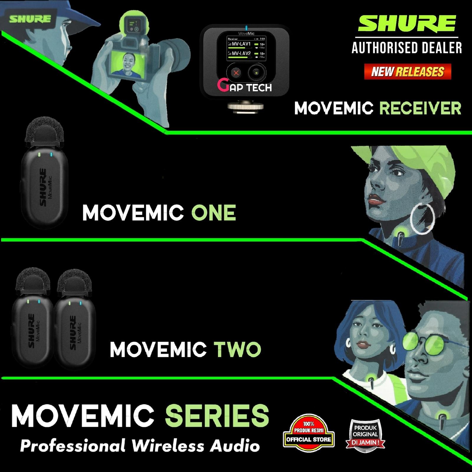 Shure MoveMic Series / MV-ONE / MoveMic One / MV-TWO / MoveMic Two / MV-R / MoveMic Receiver / MV-TWO-KIT / MoveMic Two Receiver Kit - Professional Wireless Microphone System Original