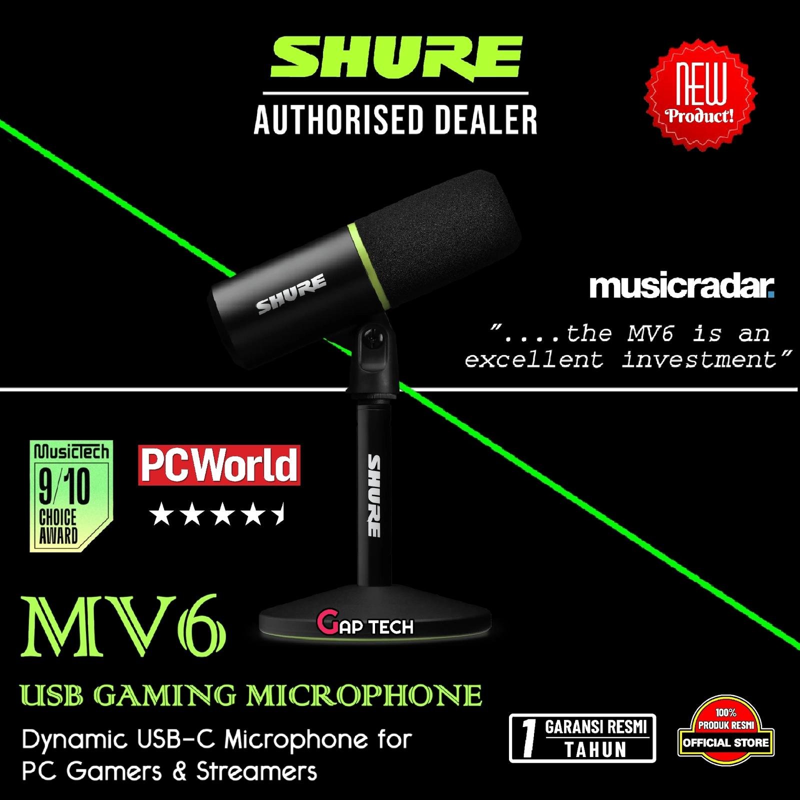 Shure MV6 Mikrofon USB-C Dinamis untuk Gamers & Streamers dengan Mode Auto Level, Denoiser Real-time Original