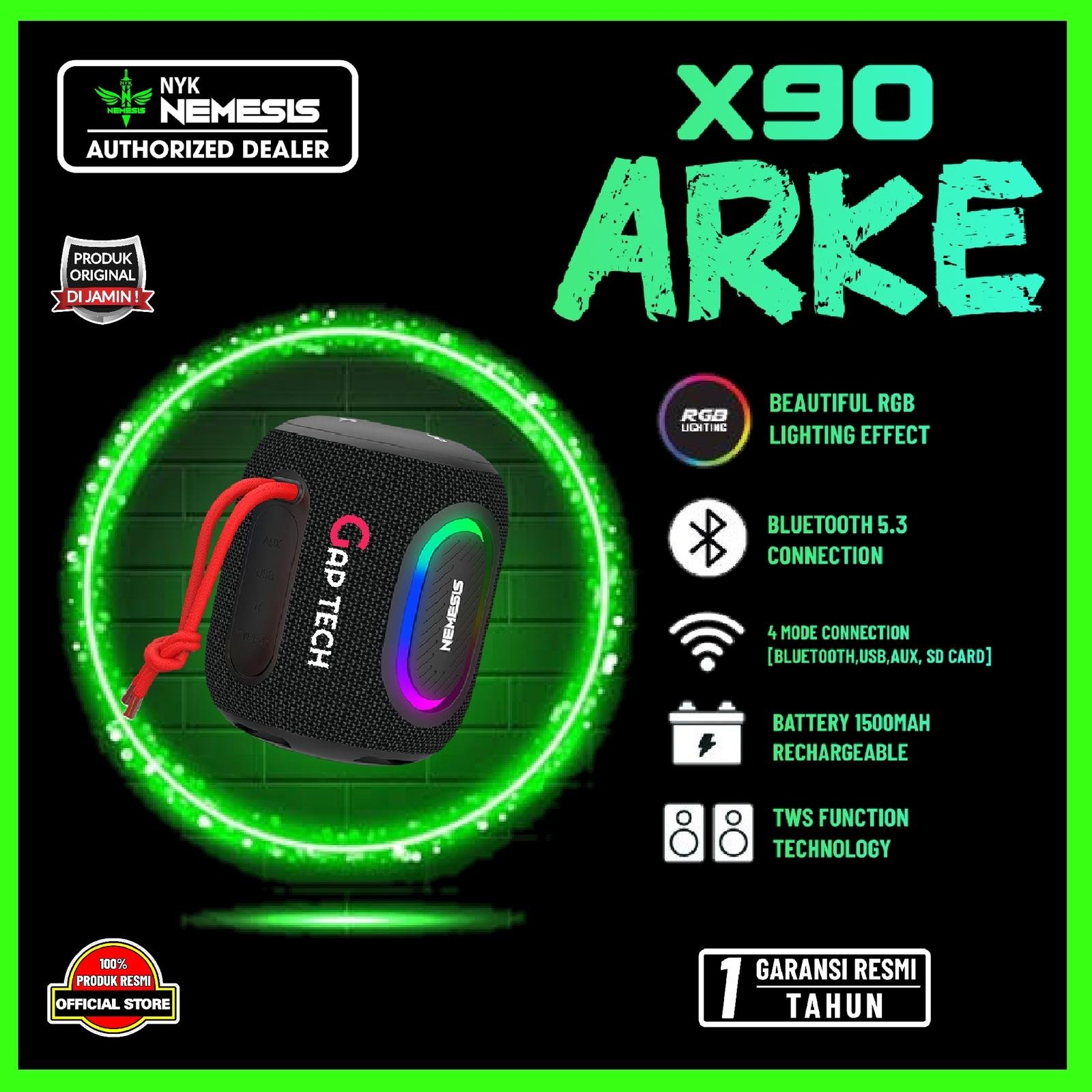 NYK NEMESIS ARKE X90 / X 90 Mini Portable Bluetooth Speaker with RGB Lightning and 4in1 Connection Speaker Original