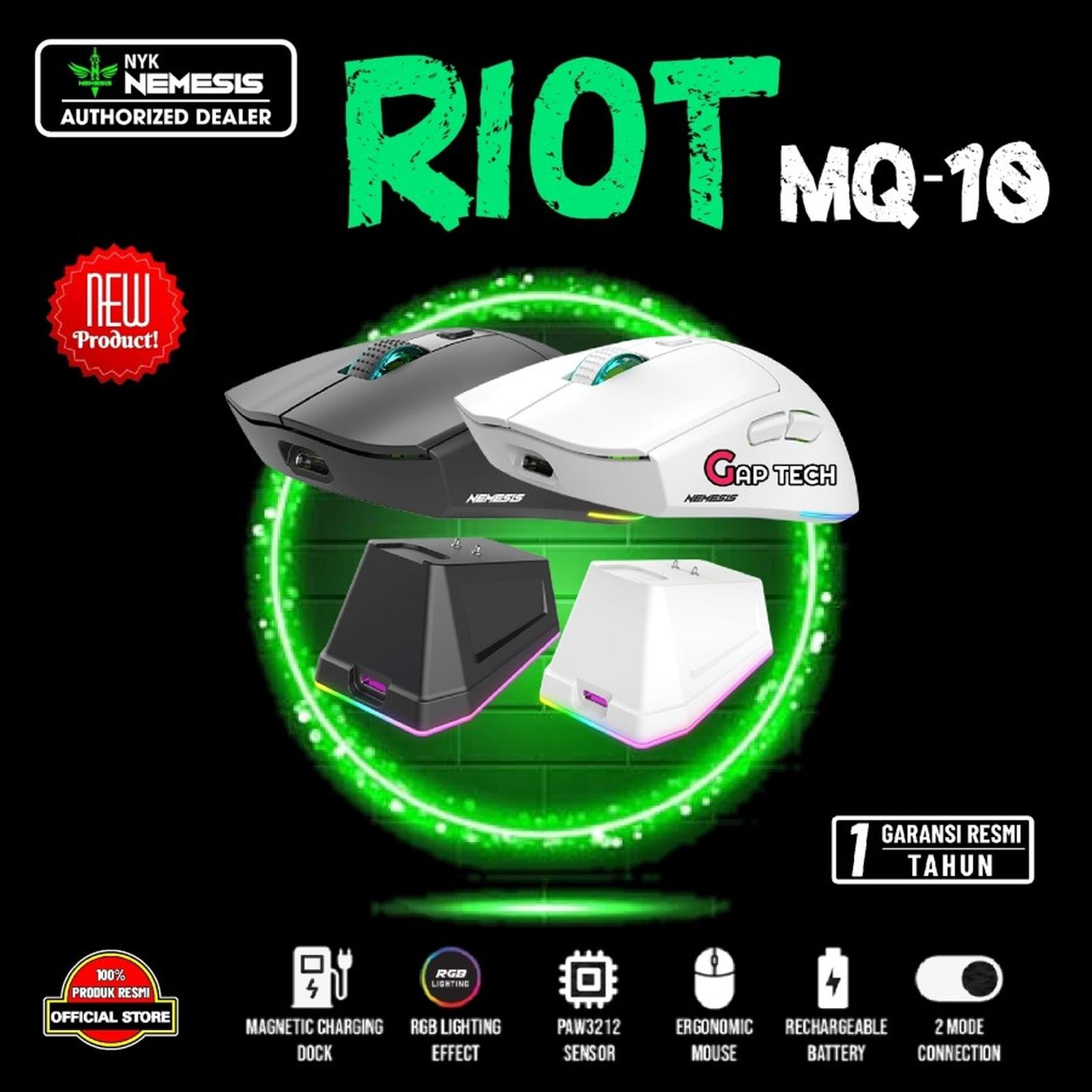 NYK Nemesis Riot MQ-10 / MQ10 / MQ 10 Gaming Mouse Wireless Dual Mode Connection Rechargeable Battery with Docking Charging Original