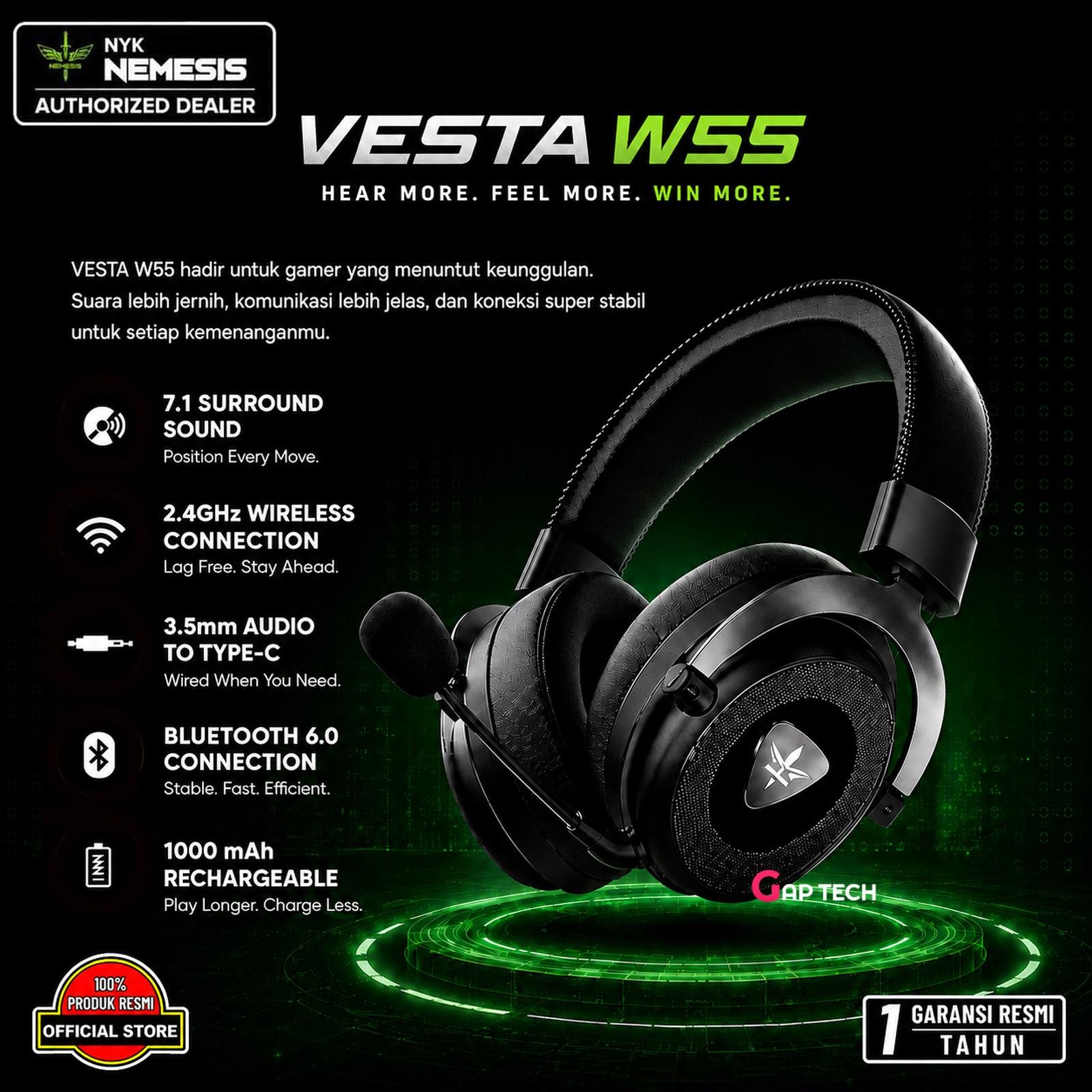NYK Nemesis Vesta W55 Wireless Gaming Headset 7.1 Surround Original