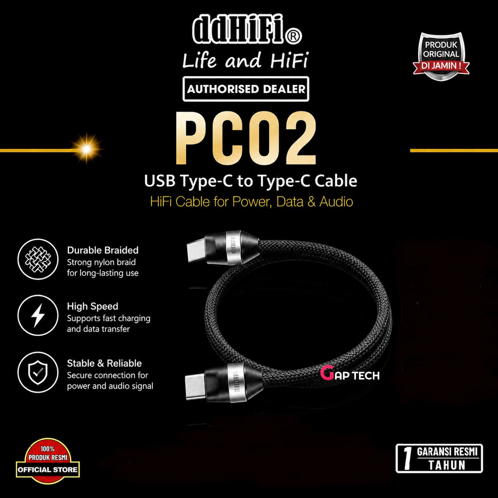 ddHiFi PC02 / PC 02 Black Lightweight Mesh-Covered Fast Charging Cable Original