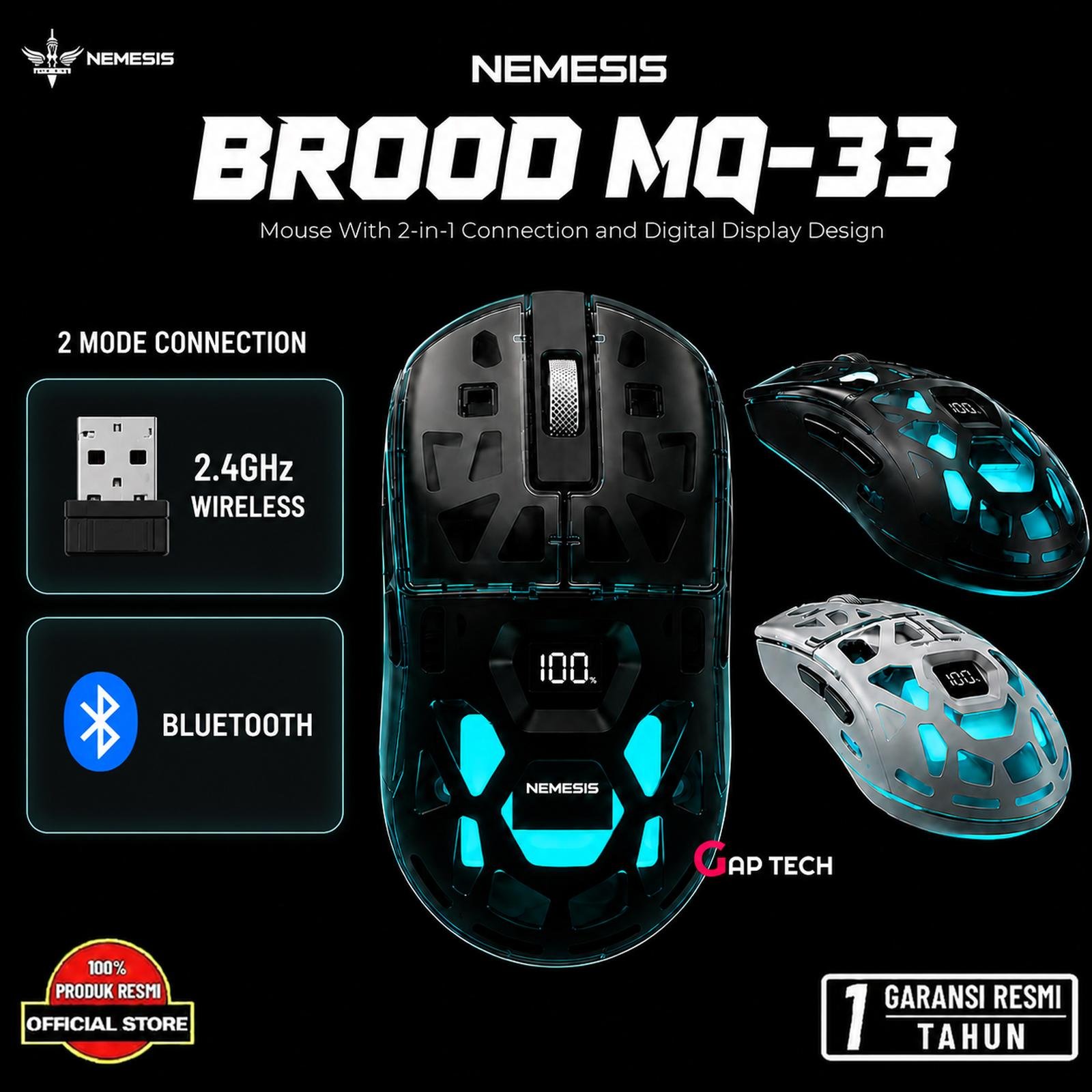 NEMESIS BROOD MQ-33 Transparent Wireless Gaming Mouse with Digital Display Original