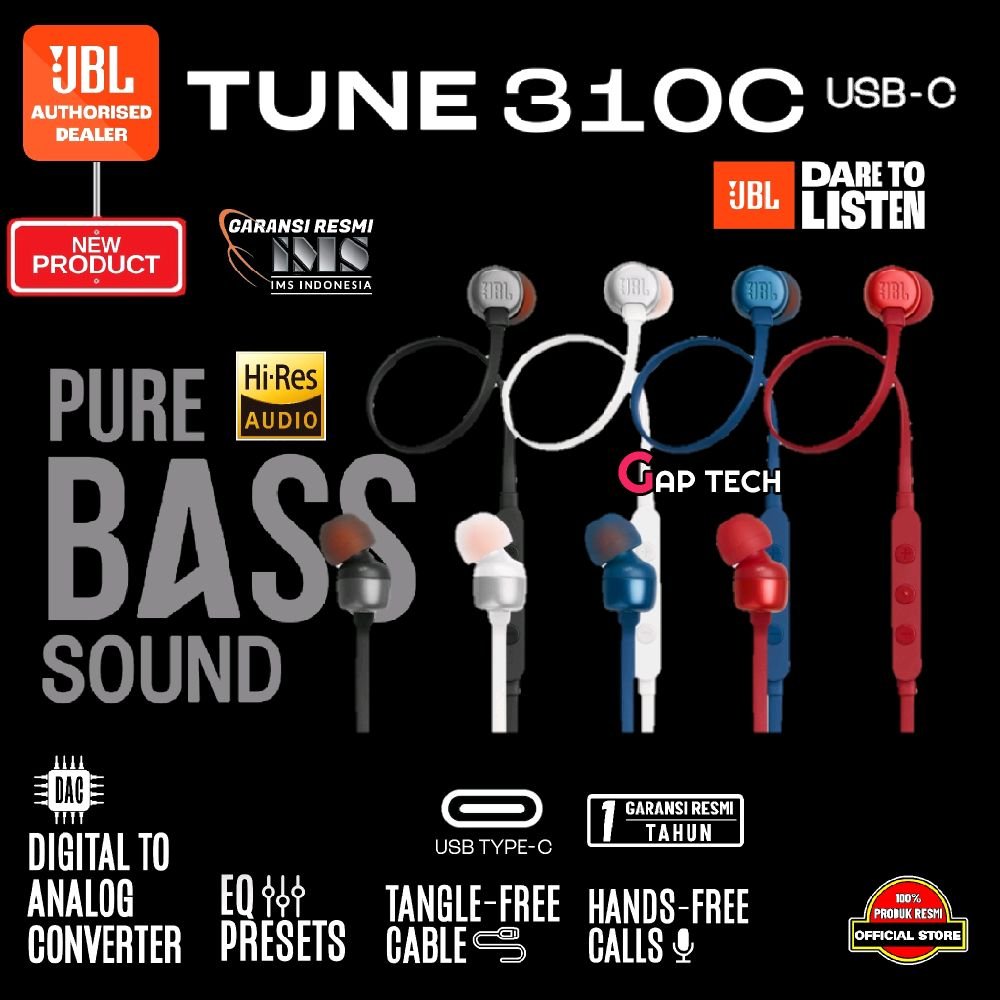 JBL Tune 310C / Tune 310 C / Tune310C / T310C / T 310C / T310 C / T 310 C USB-C / Type C Wired Hi-Res In-Ear Headphones / Earphone Original