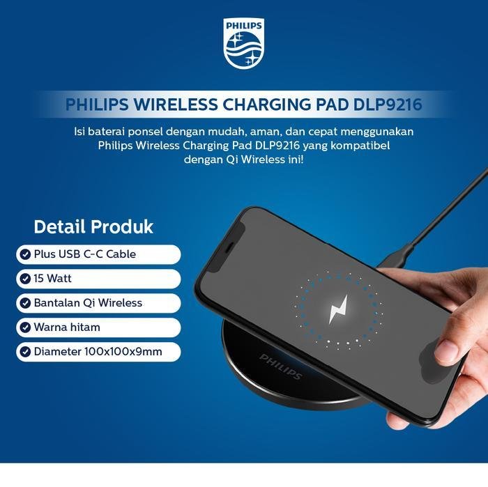 Philips Wireless Charging Pad DLP9216 Black Compatible With Qi Wireless Plus Usb C-C Cable 15 Watt Original