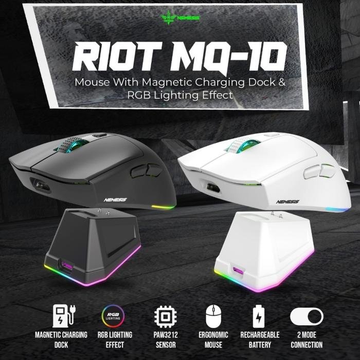 NYK Nemesis Riot MQ-10 / MQ10 / MQ 10 Gaming Mouse Wireless Dual Mode Connection Rechargeable Battery with Docking Charging Original
