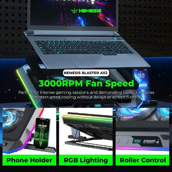 NYK Nemesis BLASTER AX2 Coolingpad with Dual Turbo 3000RPM RGB Quality Fan and Compatible Up to 21" / Coolingpad / Cooling Fan Original