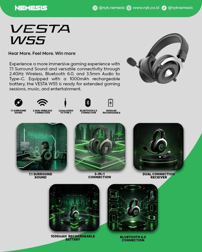 NYK Nemesis Vesta W55 Wireless Gaming Headset 7.1 Surround Original