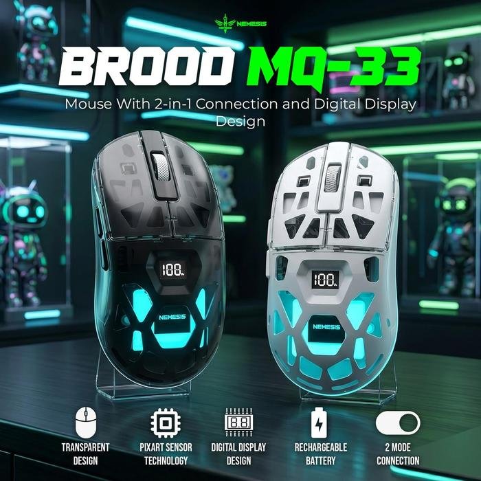 NEMESIS BROOD MQ-33 Transparent Wireless Gaming Mouse with Digital Display Original