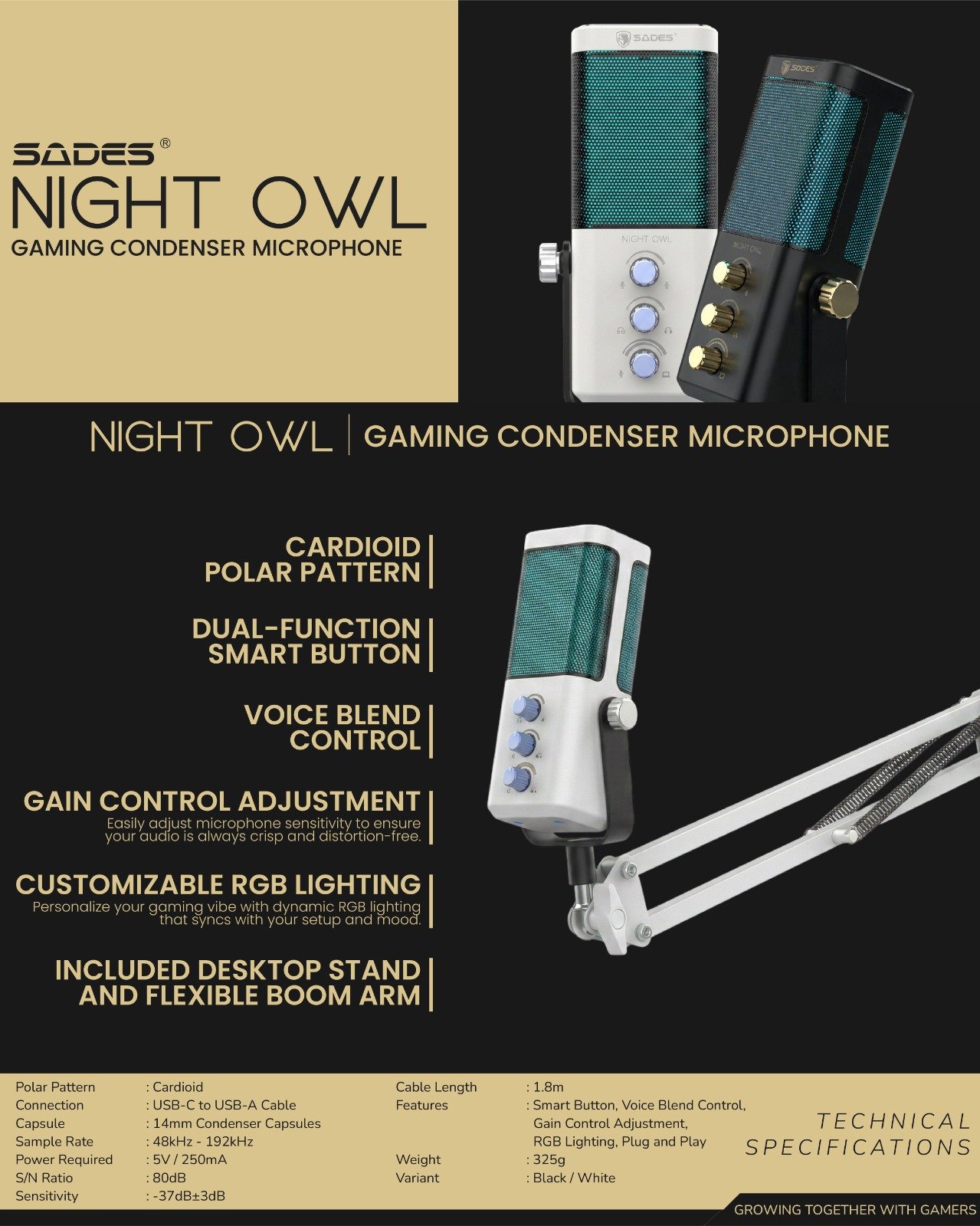 Sades Night Owl USB Condenser Microphone – Gaming & Streaming Original