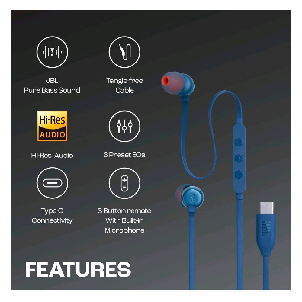 JBL Tune 310C / Tune 310 C / Tune310C / T310C / T 310C / T310 C / T 310 C USB-C / Type C Wired Hi-Res In-Ear Headphones / Earphone Original