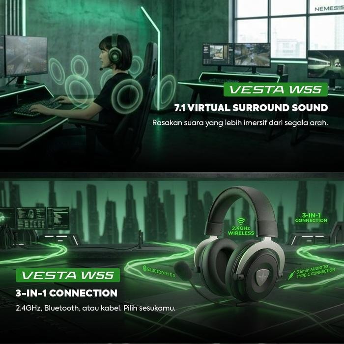 NYK Nemesis Vesta W55 Wireless Gaming Headset 7.1 Surround Original