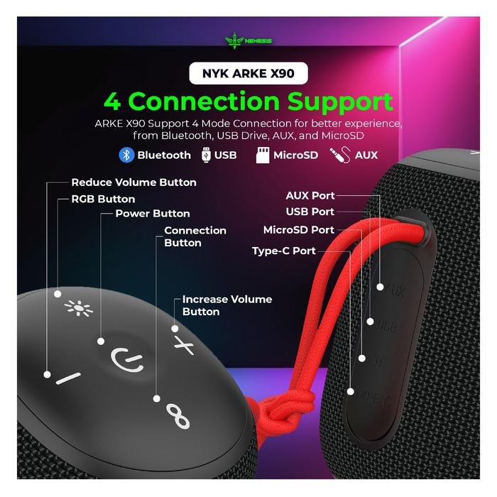 NYK NEMESIS ARKE X90 / X 90 Mini Portable Bluetooth Speaker with RGB Lightning and 4in1 Connection Speaker Original