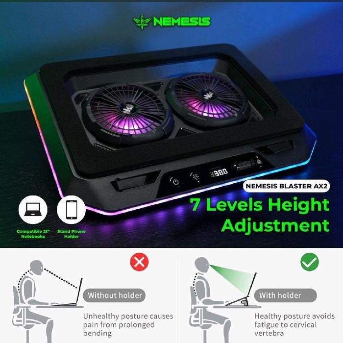 NYK Nemesis BLASTER AX2 Coolingpad with Dual Turbo 3000RPM RGB Quality Fan and Compatible Up to 21" / Coolingpad / Cooling Fan Original