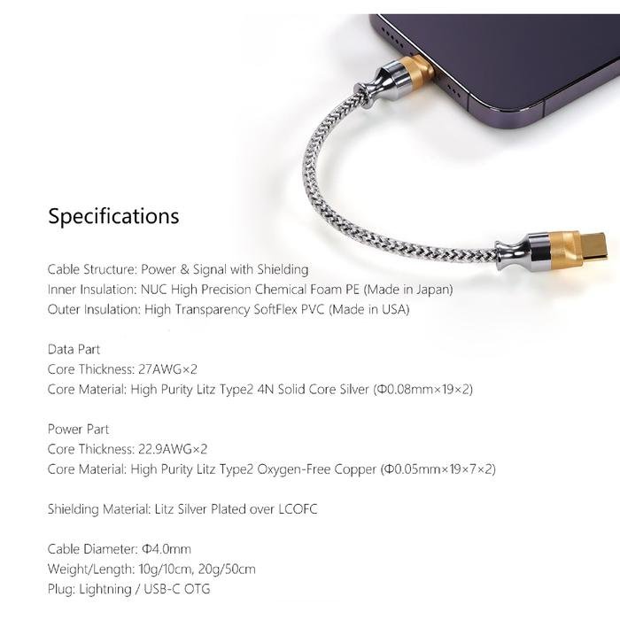 DD DDHIFI MFi07S Nyx Series Lightning to USB-C OTG HiFi Audiophile USB Cable Original
