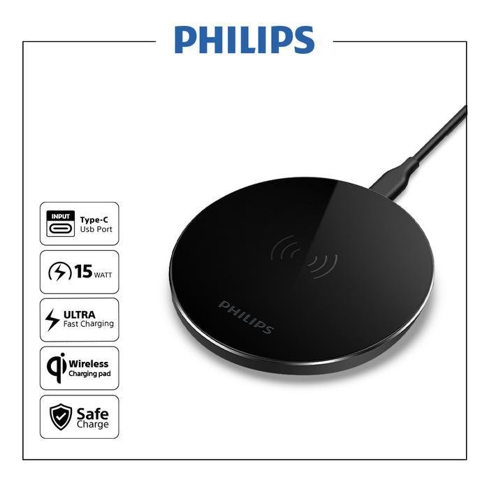 Philips Wireless Charging Pad DLP9216 Black Compatible With Qi Wireless Plus Usb C-C Cable 15 Watt Original