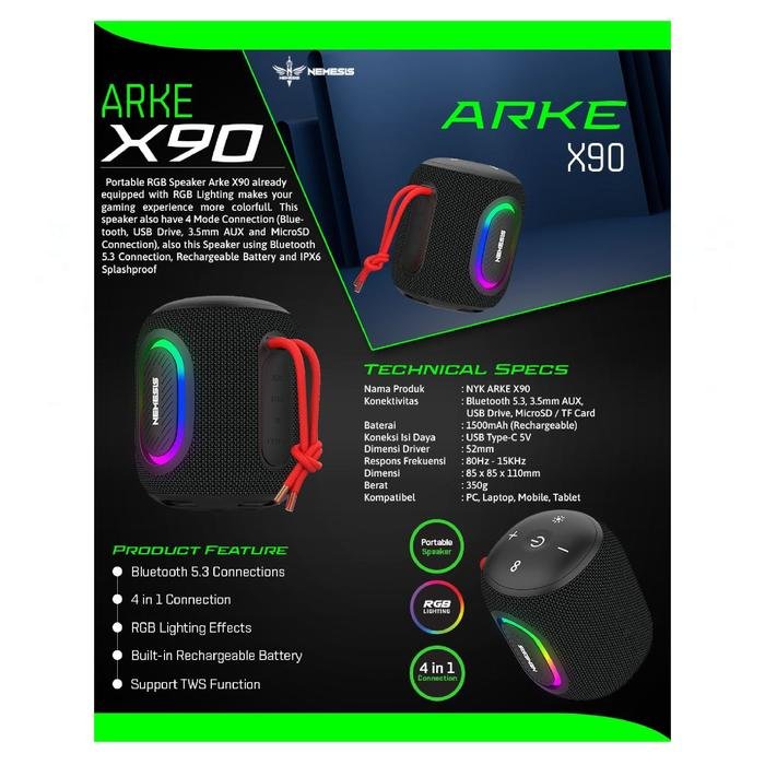 NYK NEMESIS ARKE X90 / X 90 Mini Portable Bluetooth Speaker with RGB Lightning and 4in1 Connection Speaker Original