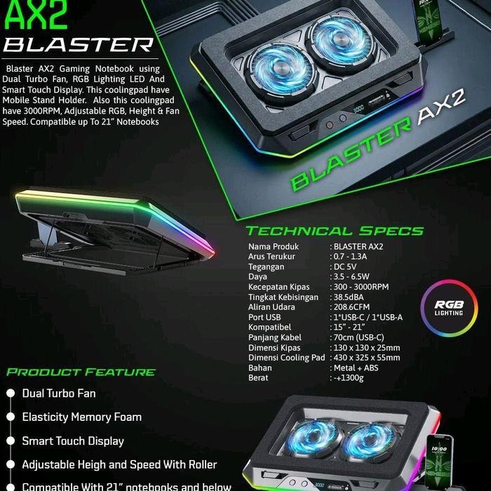 NYK Nemesis BLASTER AX2 Coolingpad with Dual Turbo 3000RPM RGB Quality Fan and Compatible Up to 21" / Coolingpad / Cooling Fan Original