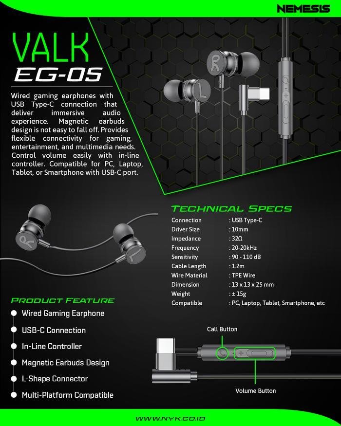 NEMESIS VALK EG-05 Earphone With Magnetic Earbud and L-Shape Connector Original