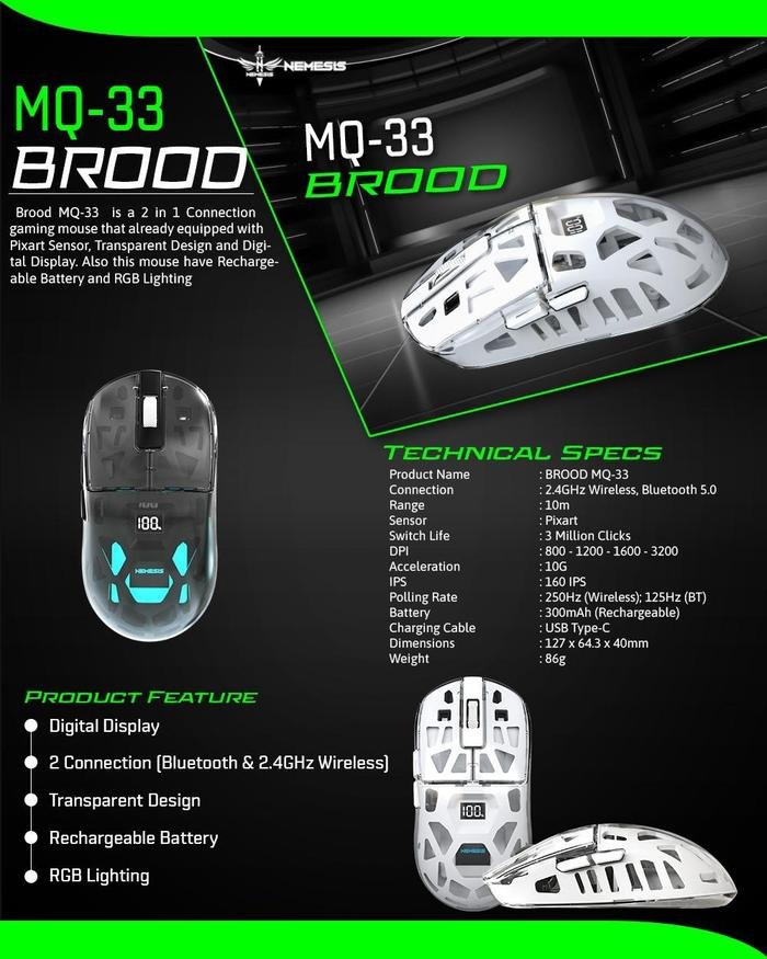 NEMESIS BROOD MQ-33 Transparent Wireless Gaming Mouse with Digital Display Original