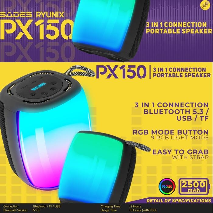 Sades Ryunix PX150 / PX 150 3in1 Connection Portable Bluetooth Speaker with RGB Lightning / Speaker Original