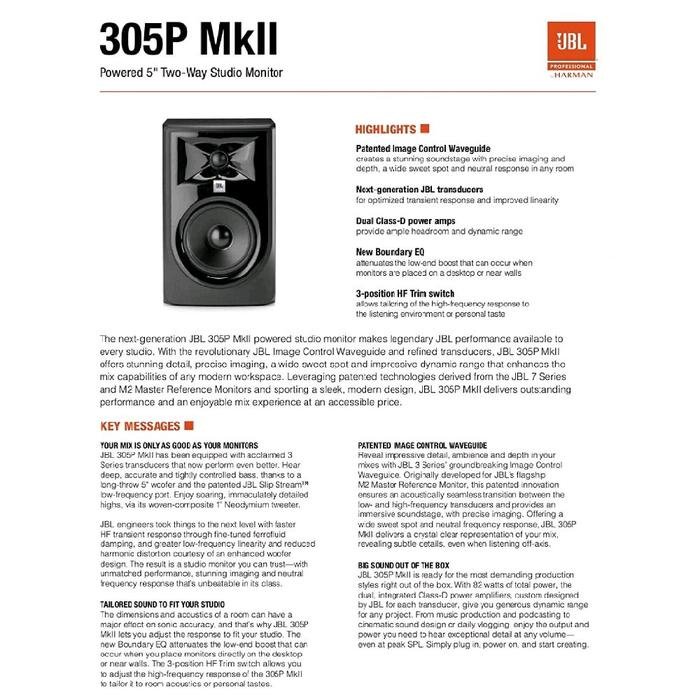 JBL 305P MkII / 305 P MkII / 305PMkII / 305P Mk2 / 305PMk2 Next-Generation 5-Inch 2-Way Powered Studio Monitor Original