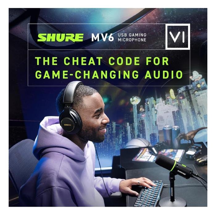 Shure MV6 Mikrofon USB-C Dinamis untuk Gamers & Streamers dengan Mode Auto Level, Denoiser Real-time Original