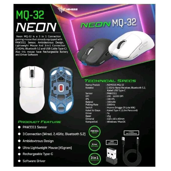 NYK Nemesis Neon / NYK Neon MQ-32 / MQ 32 / MQ32 - 3 in 1 Connection Gaming Mouse Original