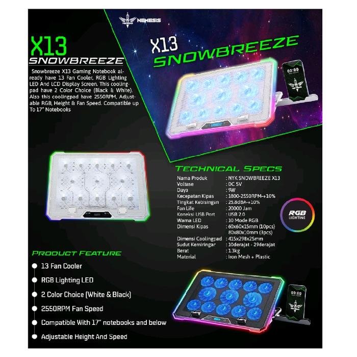 NYK Nemesis SNOWBREEZE X13 / X 13 RGB Ergostand with Digital Display Cooling Pad / CoolingPad Original