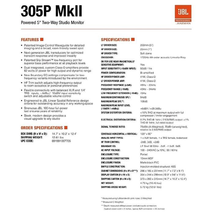 JBL 305P MkII / 305 P MkII / 305PMkII / 305P Mk2 / 305PMk2 Next-Generation 5-Inch 2-Way Powered Studio Monitor Original