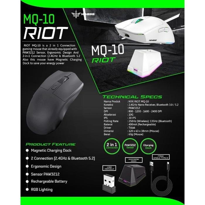 NYK Nemesis Riot MQ-10 / MQ10 / MQ 10 Gaming Mouse Wireless Dual Mode Connection Rechargeable Battery with Docking Charging Original