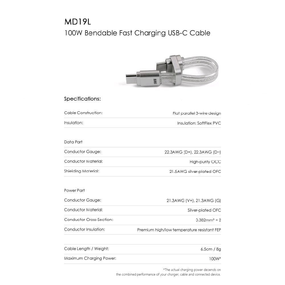 DDHIFI MD19L / MD19 L / MD 19L / MD 19 L 100W Bendable Fast Charging USB-C Cable Original