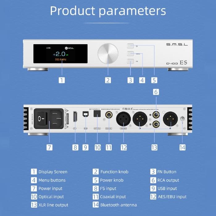 SMSL D400 ES / D400ES / D 400 ES Hi-Res Desktop Bluetooth DAC with ES9039MS Pro / ES9039MSPro DAC Chip Original