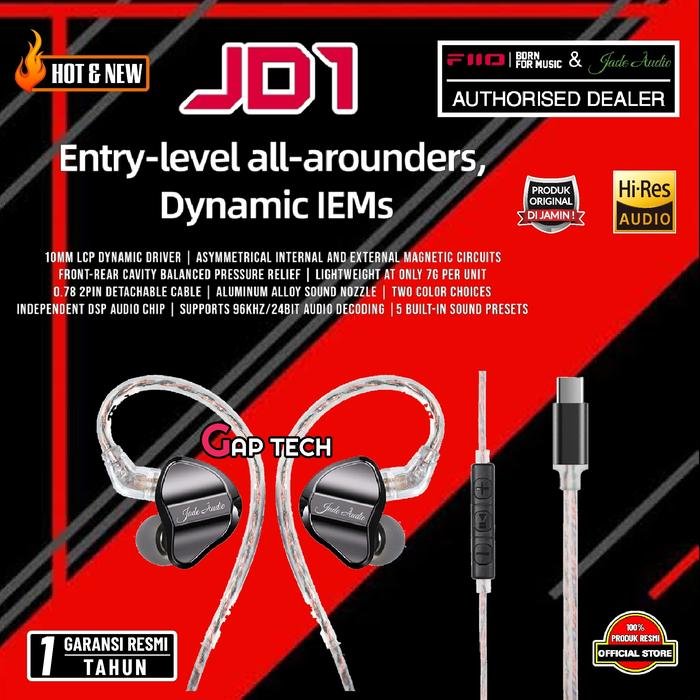 FiiO x Jade Audio JD1 / JD 1 / JD1 TC / JD 1 TC Hi-Res Dynamic In-Ear Monitor Headphones / Headset / with Microphone / IEM Original - Black