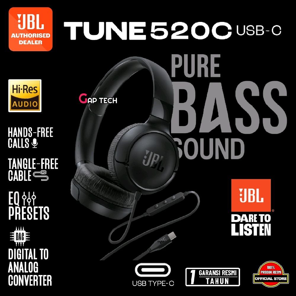 JBL Tune 520C / Tune 520 C / Tune520C / T520C / T520 C / T 520C / T 520 C USB-C - Hi-Res Wired On-Ear Headphones Original - Black