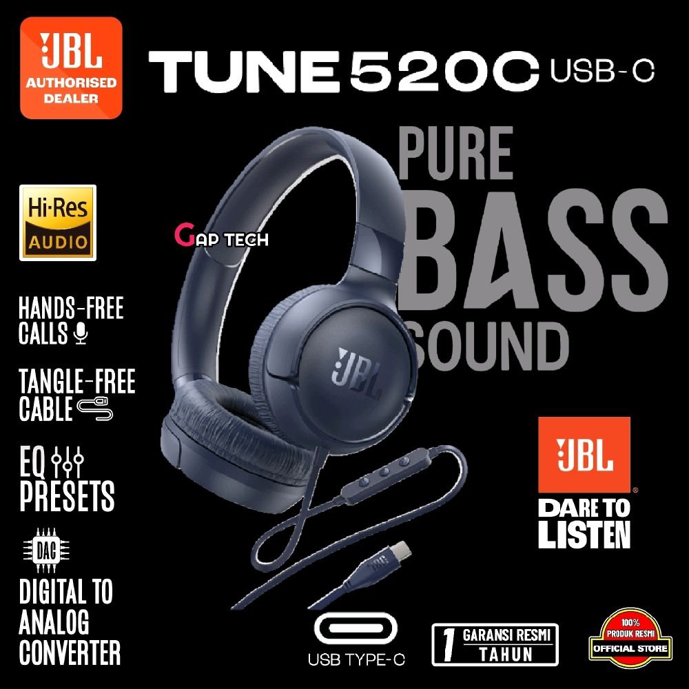 JBL Tune 520C / Tune 520 C / Tune520C / T520C / T520 C / T 520C / T 520 C USB-C - Hi-Res Wired On-Ear Headphones Original - Blue