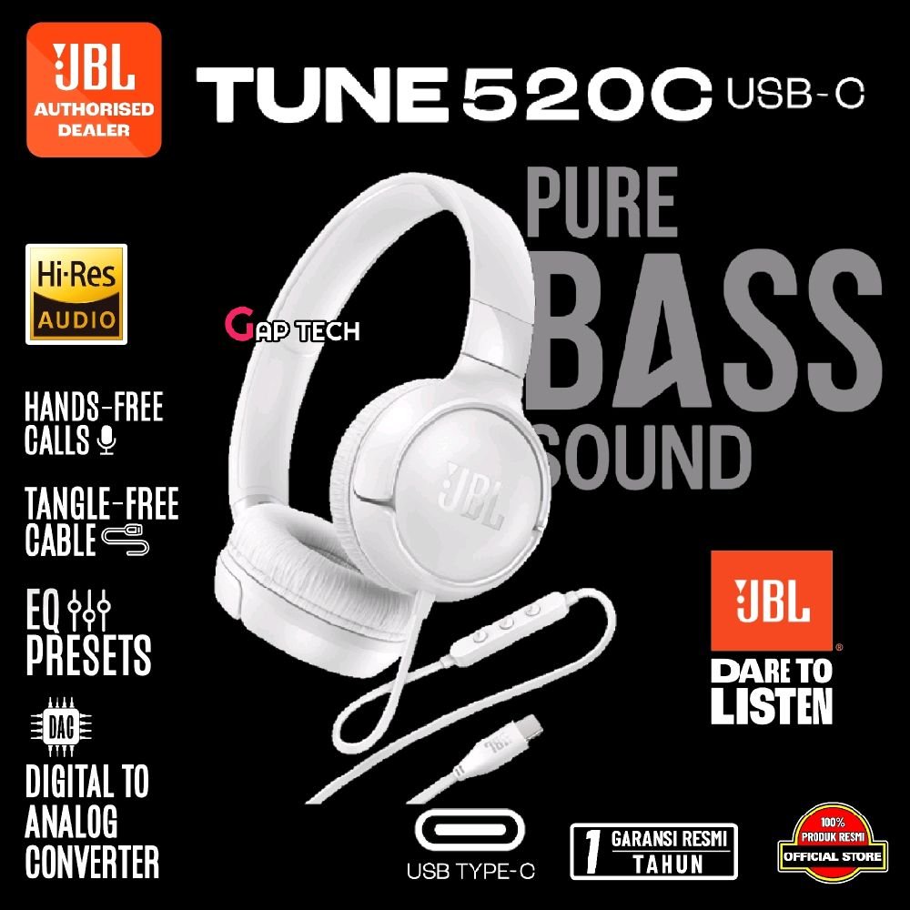 JBL Tune 520C / Tune 520 C / Tune520C / T520C / T520 C / T 520C / T 520 C USB-C - Hi-Res Wired On-Ear Headphones Original - White