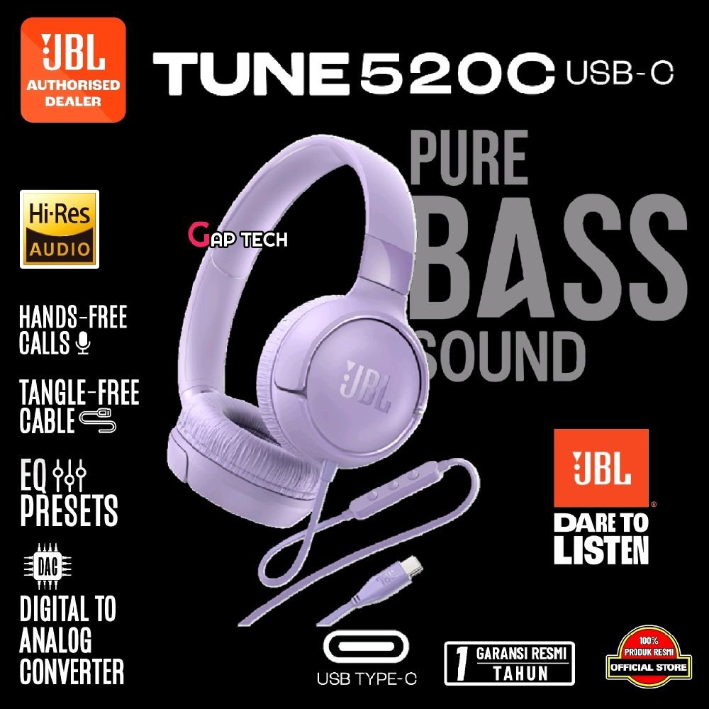 JBL Tune 520C / Tune 520 C / Tune520C / T520C / T520 C / T 520C / T 520 C USB-C - Hi-Res Wired On-Ear Headphones Original - Purple